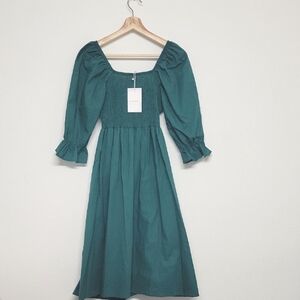 Elegant Vicrorian Teal Midi Dress with Puff Sleeves And With Tie Bag